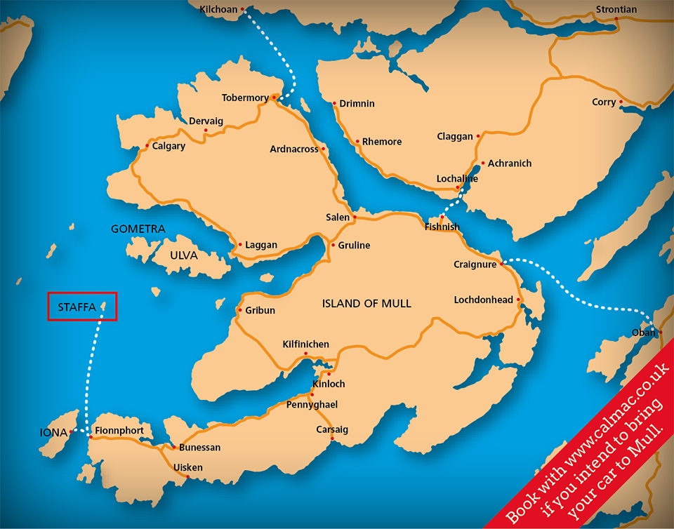 A map of Staffa, Iona and Mull and ferry routes